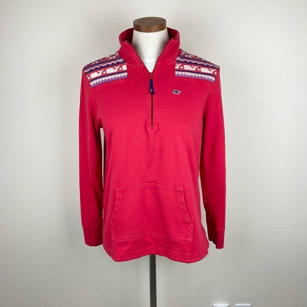 Vineyard Vines 1/4 Zip Fair Isle Coastal Whale Shep Shirt - Red